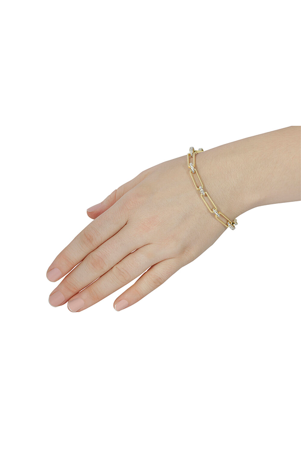 14K Yellow Gold Long Oval Link Bracelet with Silver and Diamond Rondelles
