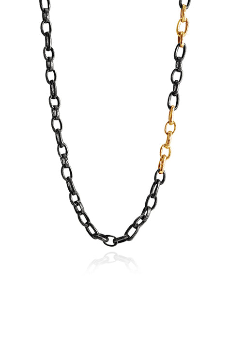 40" Oxidized Silver Hammered Chain Necklace With 14K Polished Yellow Gold Links