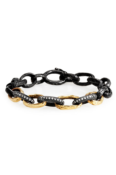 Oxidized Silver Hammered Bracelet With 14K Polished Yellow Gold And 3 Oval Diamond Links