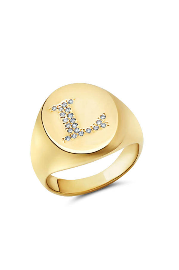 Large Disc Signet Ring with Engraved White Pavé Diamonds