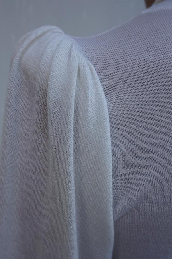 Ivory Cashmere T-Neck Sweater with Short Puff Sleeve