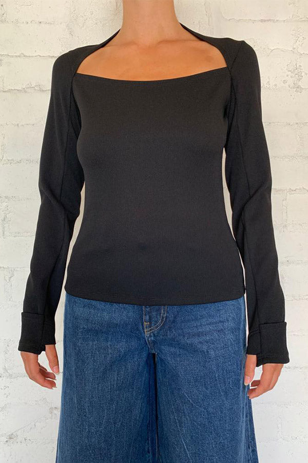 Long Sleeve Open Neck Rib Top