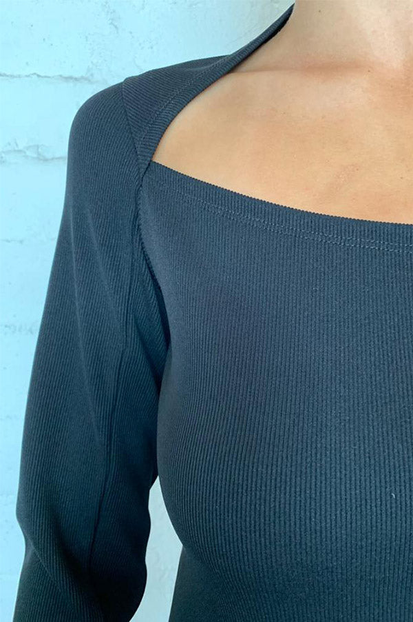 Long Sleeve Open Neck Rib Top