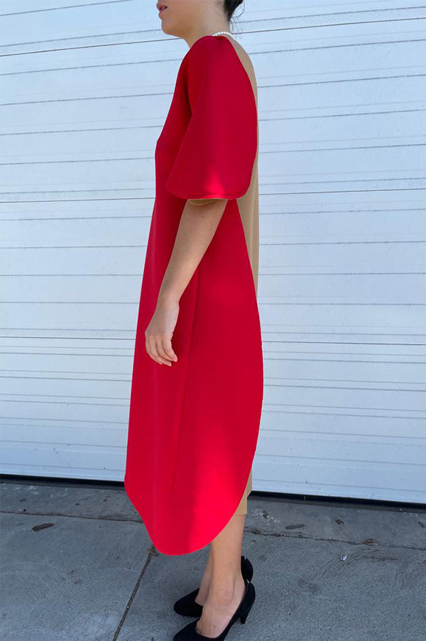 Reversible Scallop Dress in Red/Camel