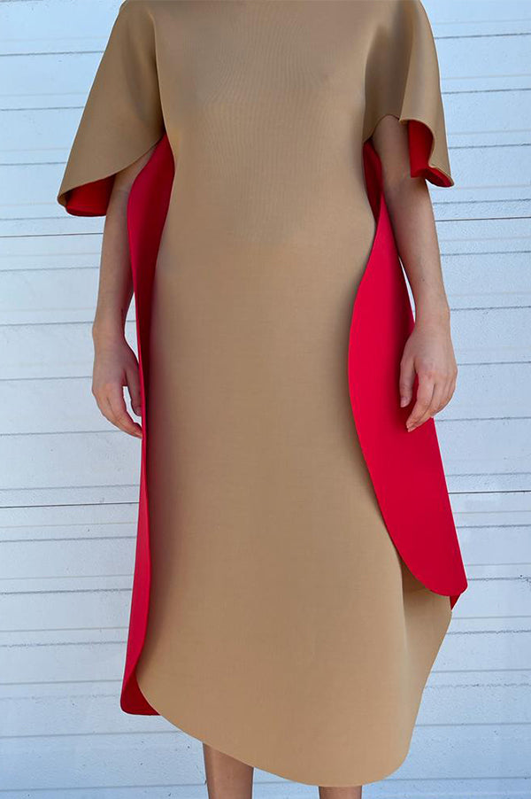 Reversible Scallop Dress in Red/Camel