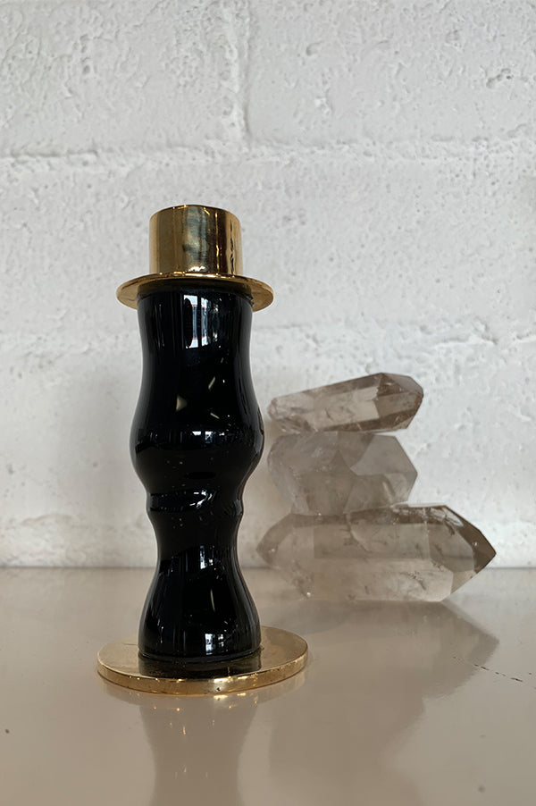 Short Black Glass + Bronze Candlestick Holder