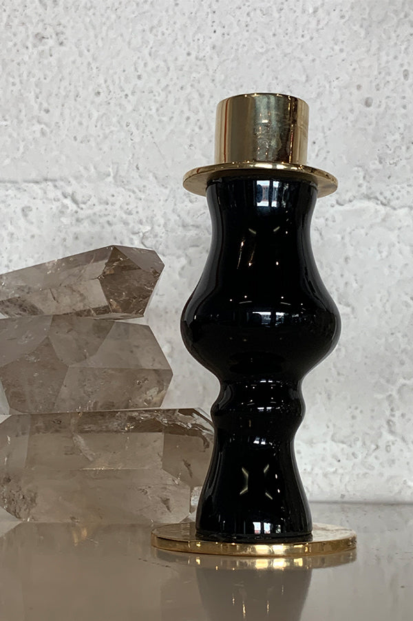 Short Black Glass + Bronze Candlestick Holder