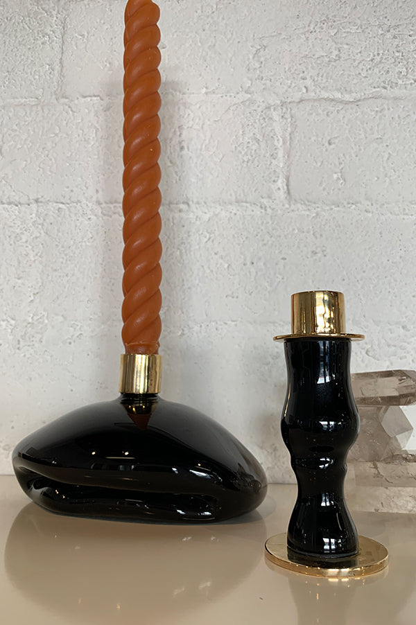 Short Black Glass + Bronze Candlestick Holder