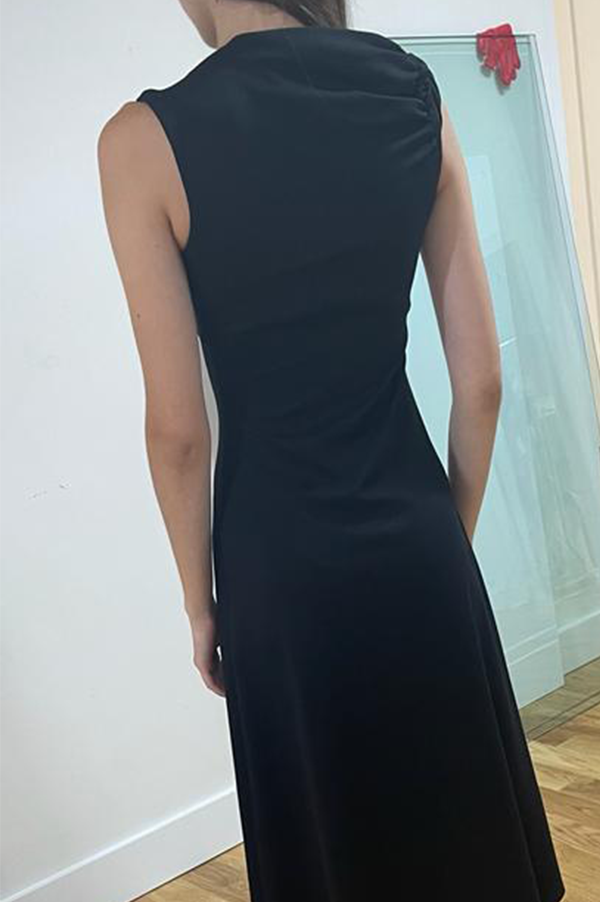 Twist Shoulder Midi Indi Dress in Black