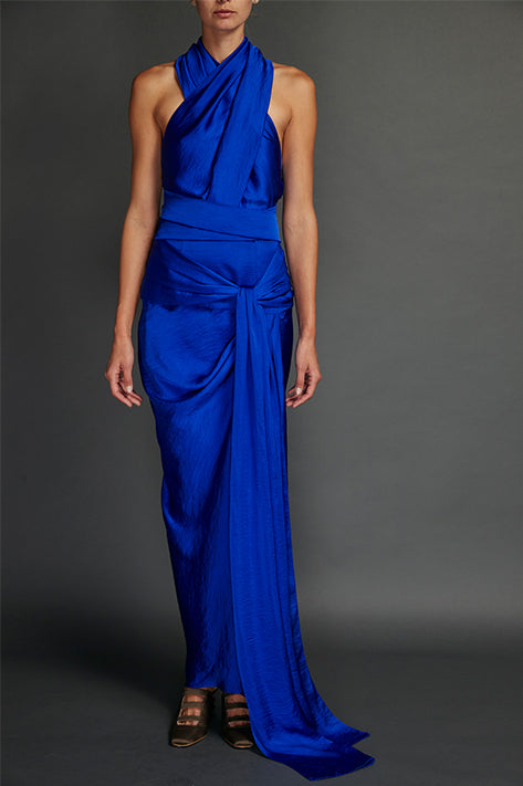 Juan Carlos Obando Blue Washed Satin Draped Halter Dress Des Kohan Juan Carlos Obando Blue Washed Satin Draped Halter Dress Des Kohan