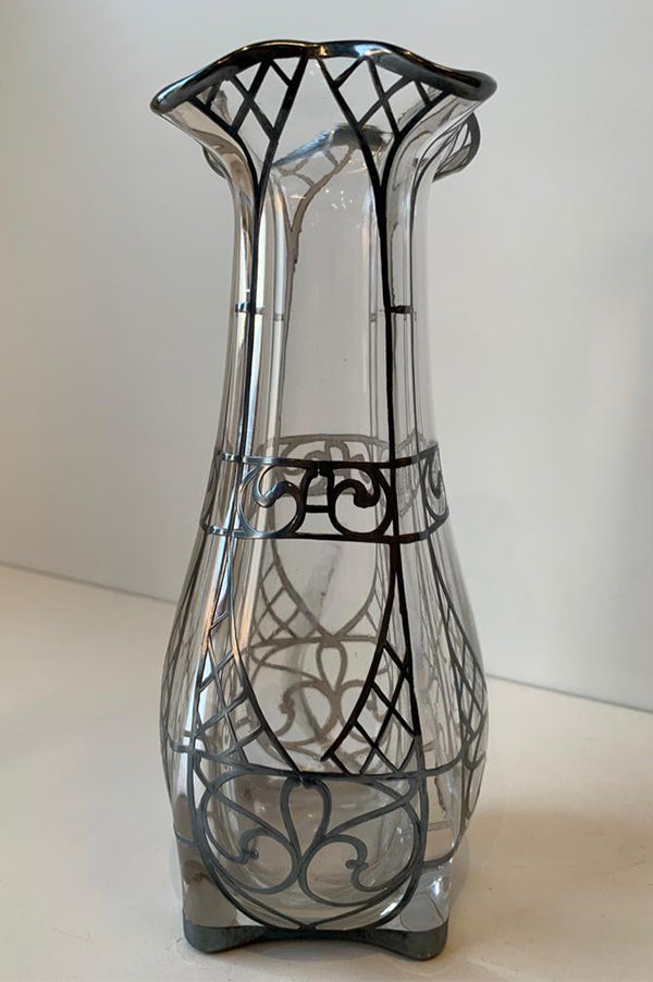 Antique Sterling Silver Overlay Crystal Vase