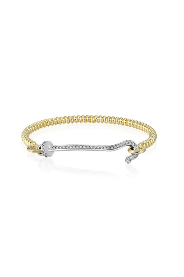 14K Yellow Gold Twist Bangle with Silver and Diamond Hook