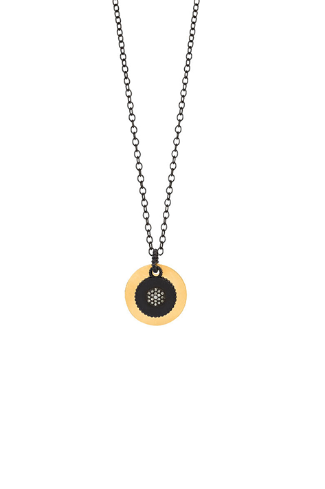Oxidized Silver and Diamond Pendant Layered with 14K Yellow Gold Disc