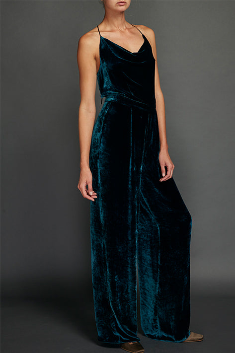 Teal Vintage Velvet Cowl Neck Jumpsuit