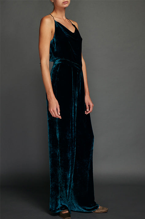 Teal Vintage Velvet Cowl Neck Jumpsuit