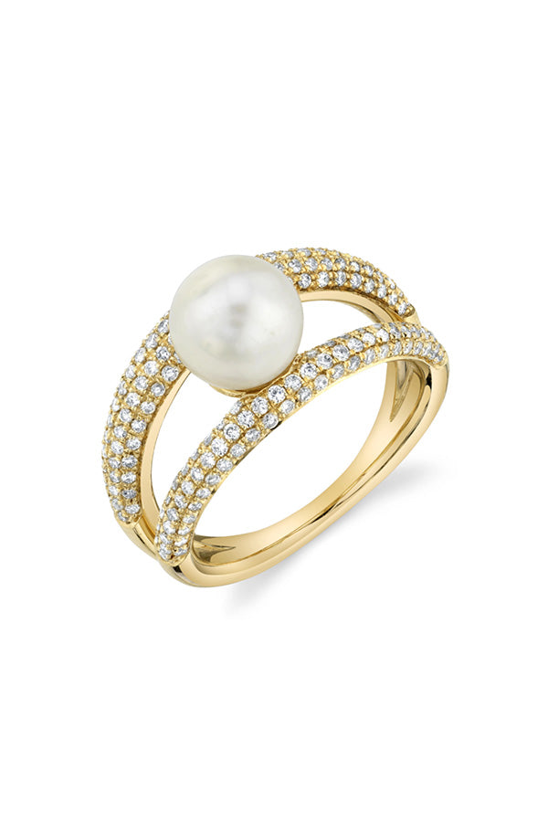 Twin Tusk Suspended Pearl Ring With White Pavé Diamonds